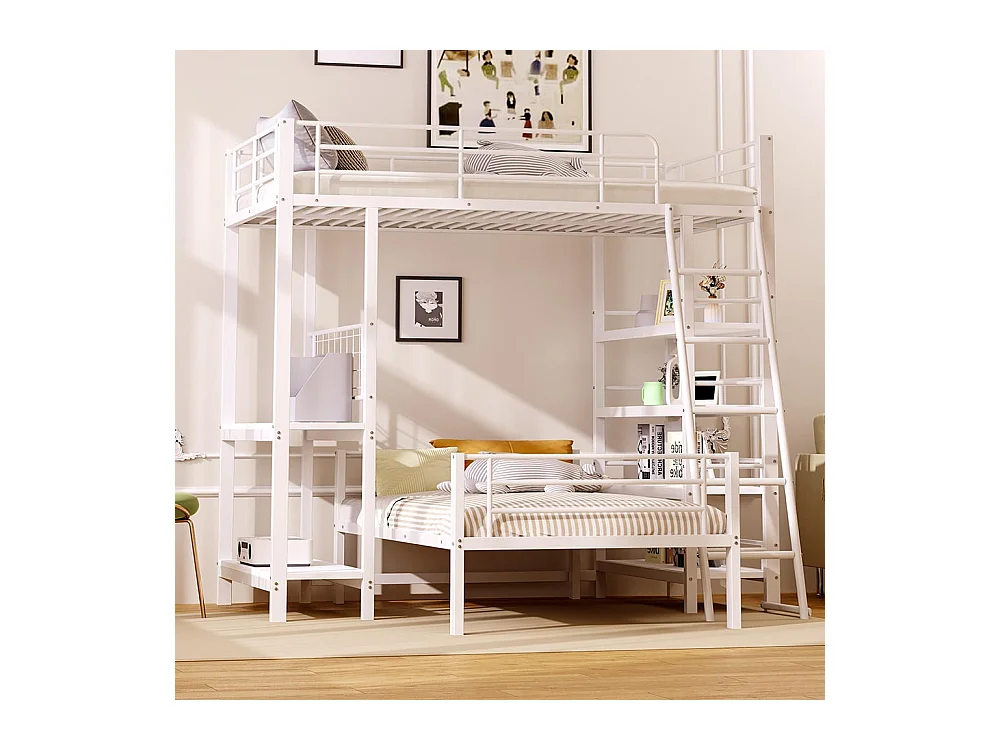 Lit superposé, cadre en métal, lit en mezzanine, 90*200, lit multifonctionnel avec plusieurs compartiments de rangement, blanc