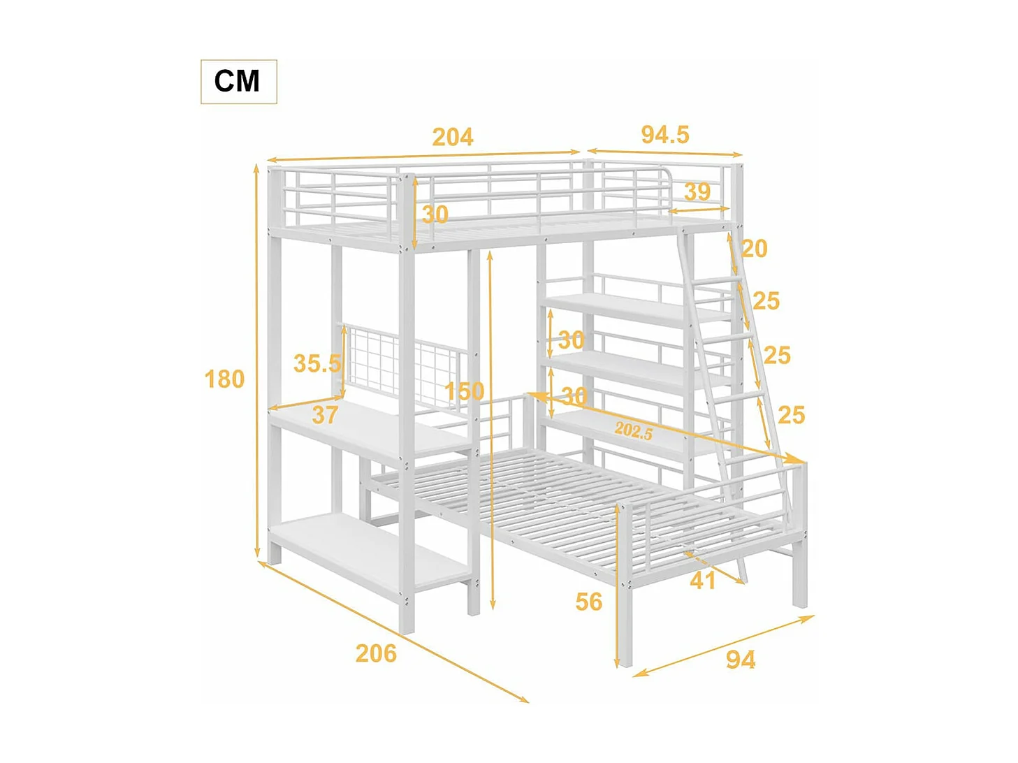 Stapelbed, metalen frame, mezzanine bed, 90*200, multifunctioneel bed met verschillende opbergvakken, wit