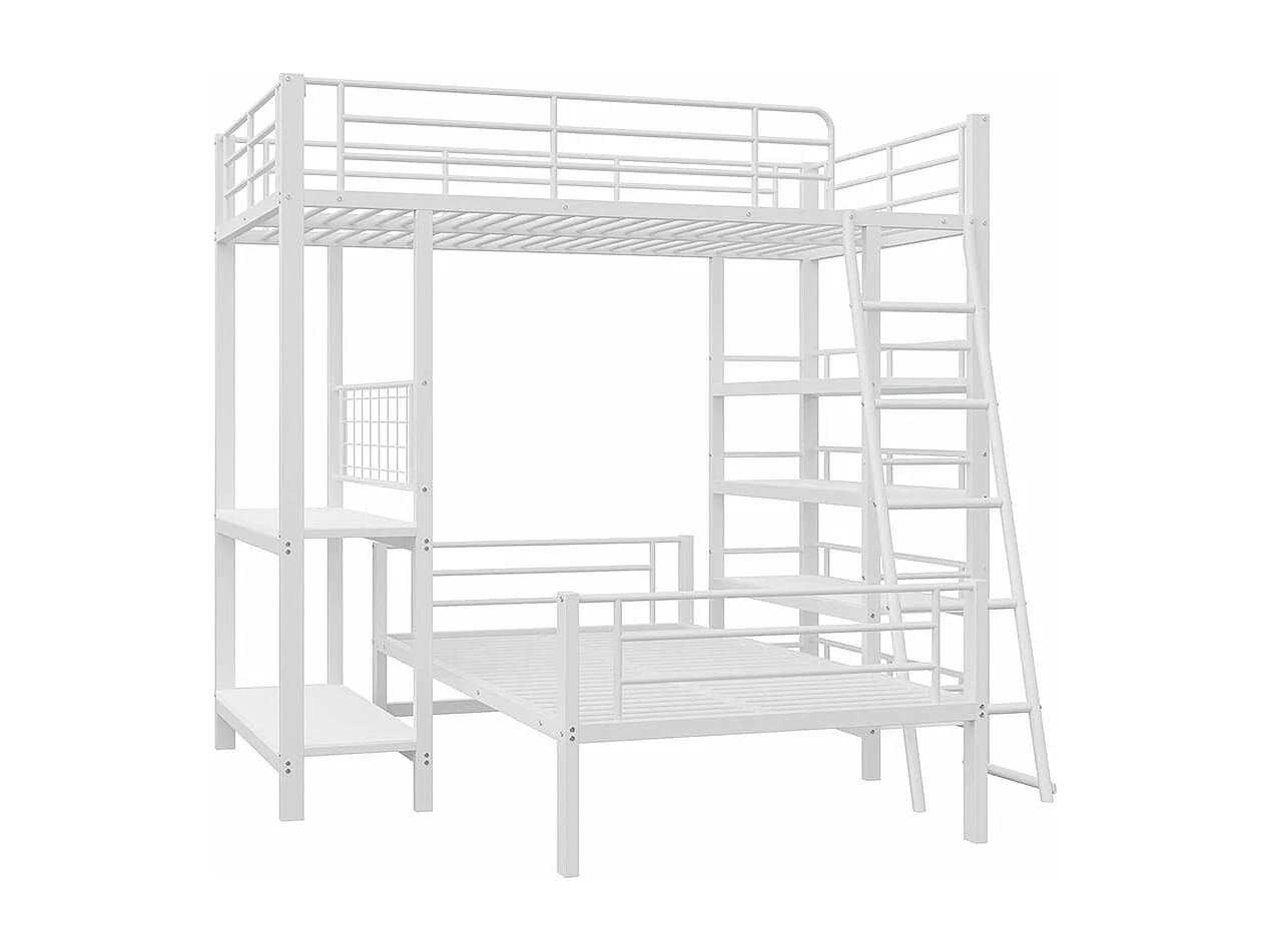 Stapelbed, metalen frame, mezzanine bed, 90*200, multifunctioneel bed met verschillende opbergvakken, wit