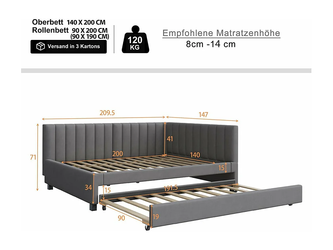 Lit rembourré 140*200, canapé convertible, lit multifonctionnel avec sommier à lattes, tissu velours gris