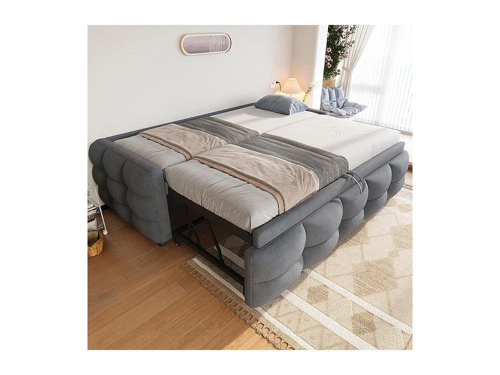 Gestoffeerd bed, uitschuifbare slaapbank, 90/180*190 cm, futonbed, fluwelen teddystof, tweepersoonsbed met lattenbodem, multifunctioneel bed, grijs