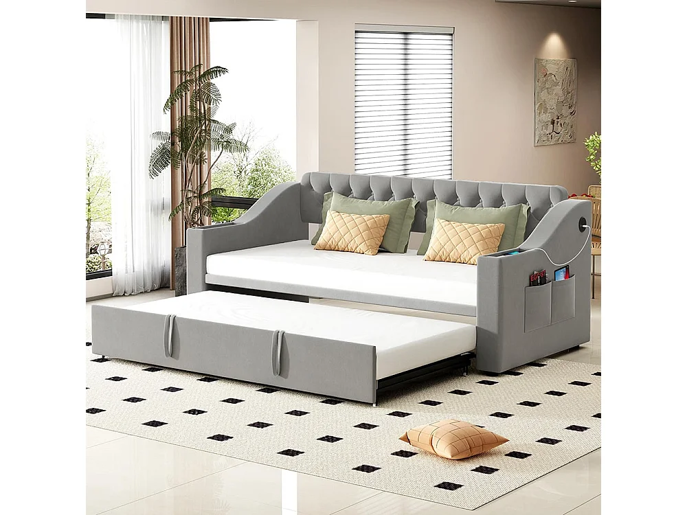 Lit gigogne rembourré, 90/180*190 cm, accoudoirs extra-larges et épais (avec port de charge USB), gris