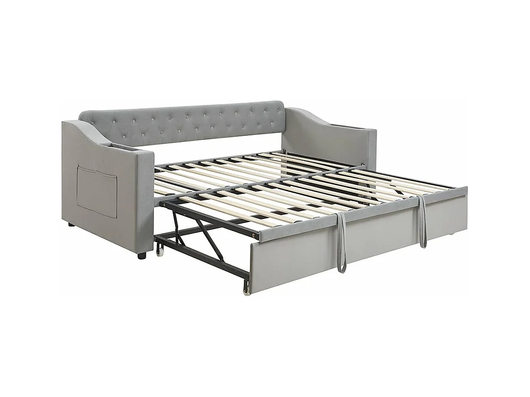 Lit gigogne rembourré, 90/180*190 cm, accoudoirs extra-larges et épais (avec port de charge USB), gris