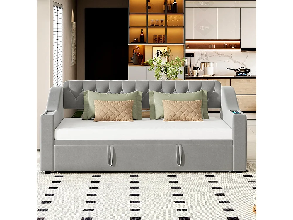 Cama nido tapizada, 90/180*190 cm, reposabrazos gruesos extra anchos (con puerto de carga USB), gris