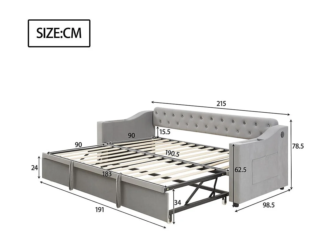 Cama nido tapizada, 90/180*190 cm, reposabrazos gruesos extra anchos (con puerto de carga USB), gris