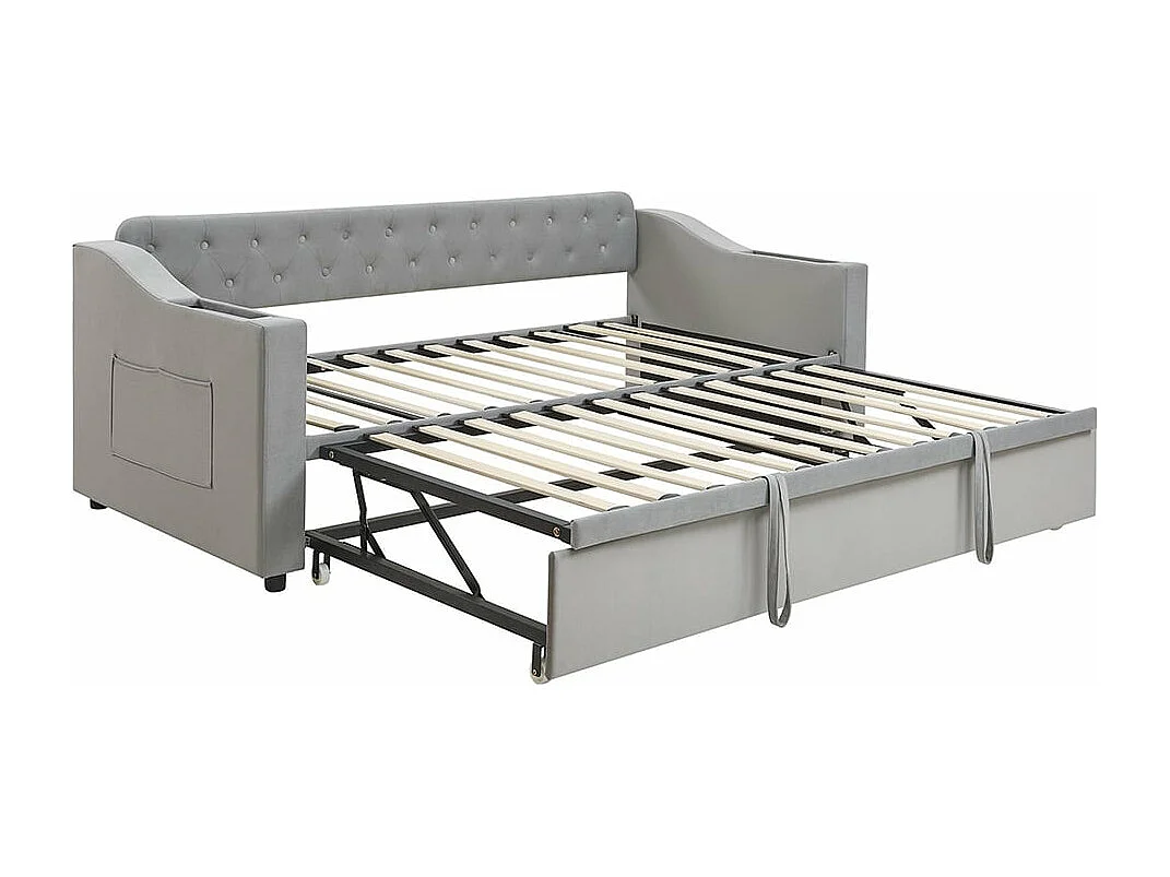 Cama nido tapizada, 90/180*190 cm, reposabrazos gruesos extra anchos (con puerto de carga USB), gris