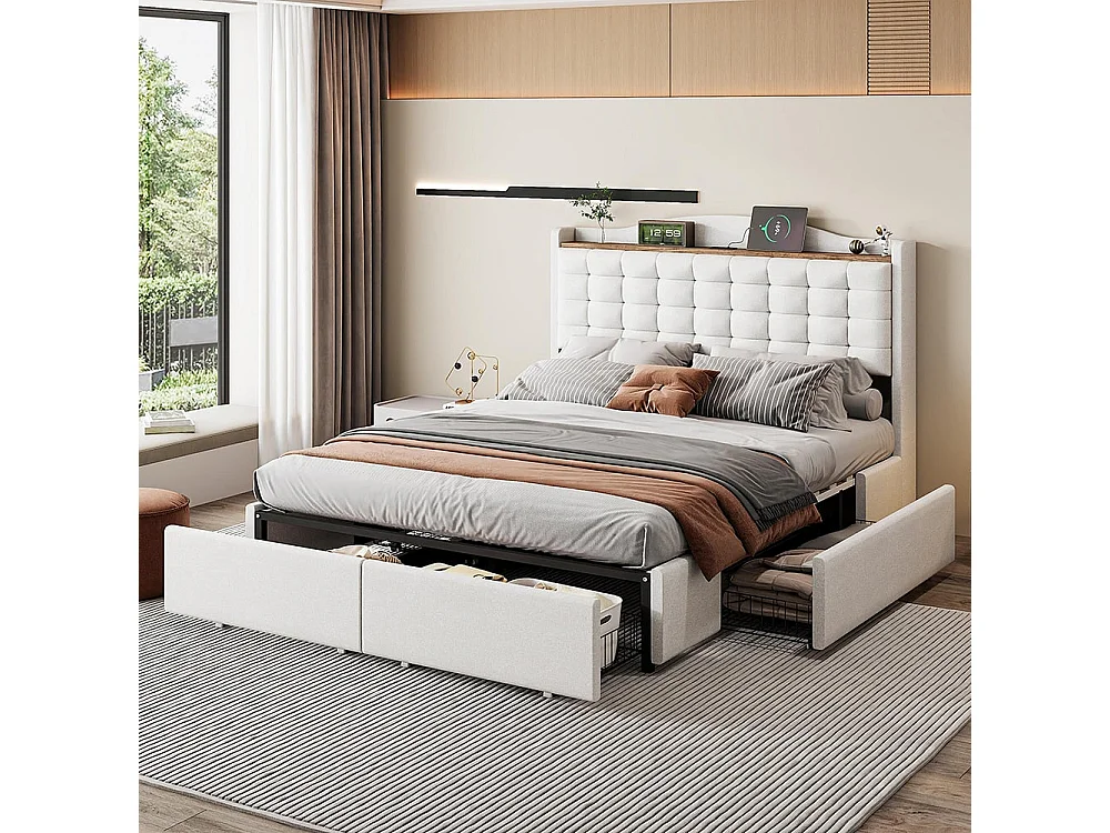 140*200 cm lit double capitonné, table de chevet avec port de charge USB et étagère, 4 tiroirs, tissu de lin beige