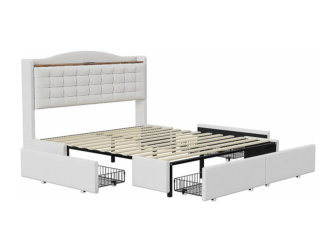 140*200 cm lit double capitonné, table de chevet avec port de charge USB et étagère, 4 tiroirs, tissu de lin beige