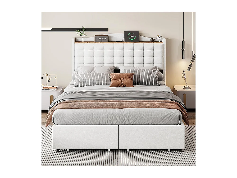 140*200 cm lit double capitonné, table de chevet avec port de charge USB et étagère, 4 tiroirs, tissu de lin beige