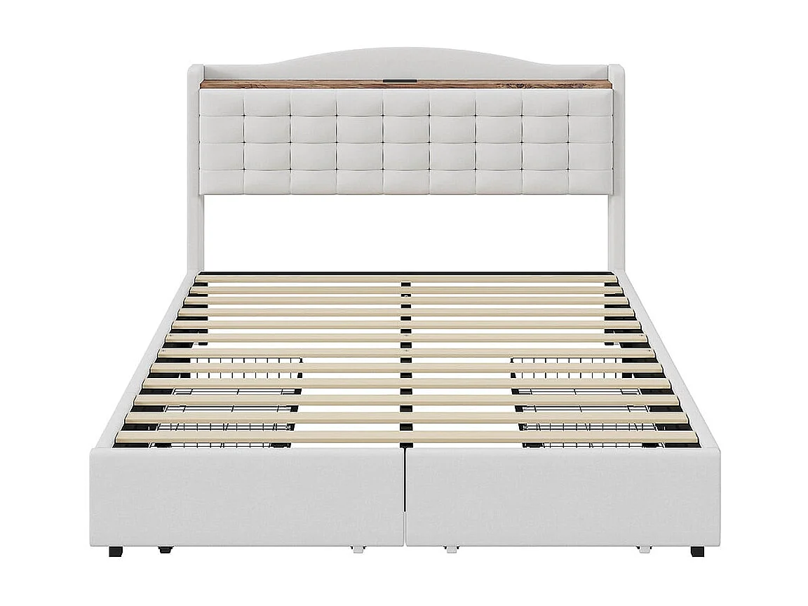 140*200 cm lit double capitonné, table de chevet avec port de charge USB et étagère, 4 tiroirs, tissu de lin beige