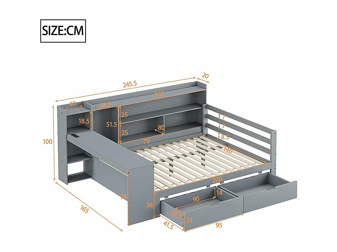 Sofá-cama de madeira maciça 140*200 cm, com secretária, estante e prateleiras, tomada eléctrica, com 2 compartimentos de arrumação grandes, cinzento