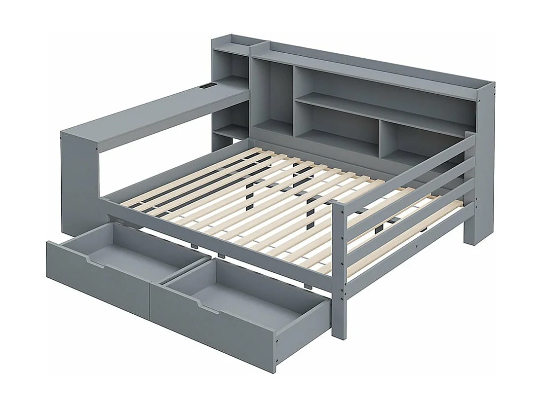 Sofá-cama de madeira maciça 140*200 cm, com secretária, estante e prateleiras, tomada eléctrica, com 2 compartimentos de arrumação grandes, cinzento