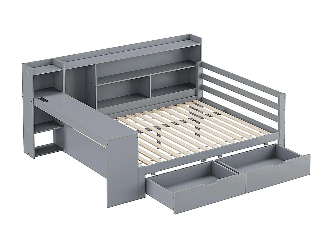Sofá-cama de madeira maciça 140*200 cm, com secretária, estante e prateleiras, tomada eléctrica, com 2 compartimentos de arrumação grandes, cinzento
