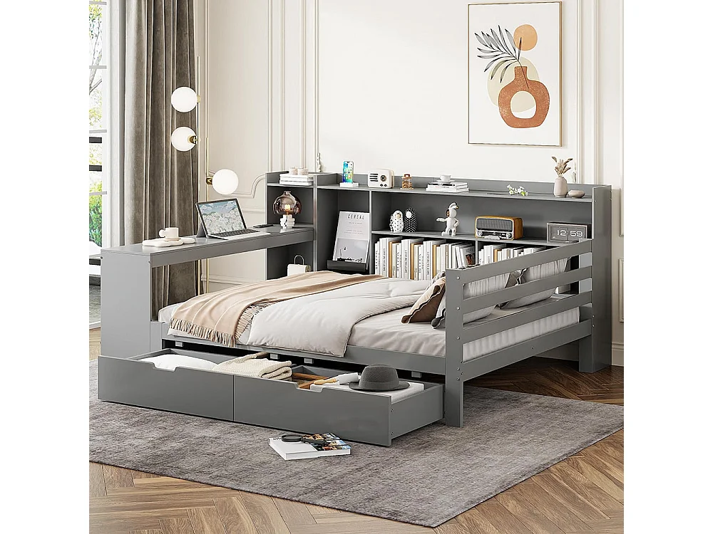 Sofá cama de madera maciza 140*200 cm, con escritorio, librería y estantes, toma de corriente, con 2 grandes compartimentos de almacenamiento, gris