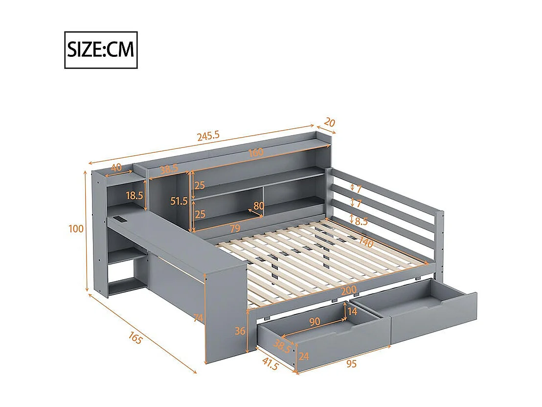 Sofá cama de madera maciza 140*200 cm, con escritorio, librería y estantes, toma de corriente, con 2 grandes compartimentos de almacenamiento, gris
