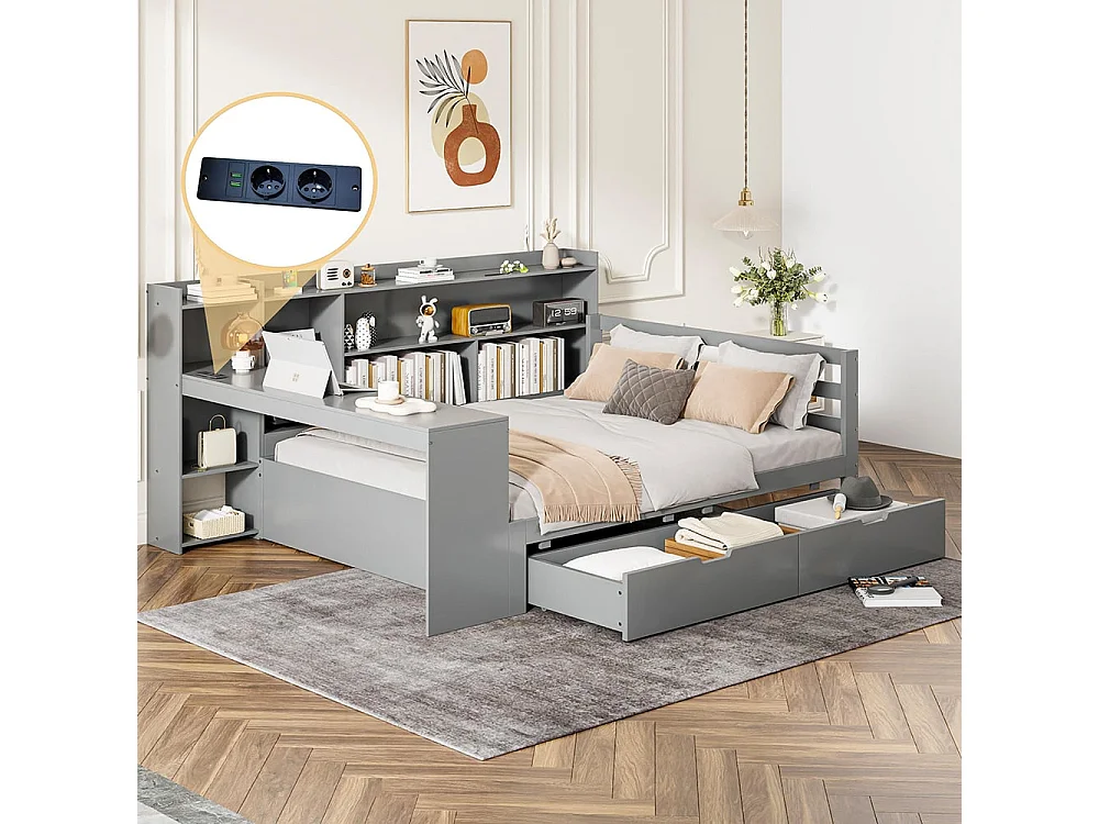 Sofá cama de madera maciza 140*200 cm, con escritorio, librería y estantes, toma de corriente, con 2 grandes compartimentos de almacenamiento, gris