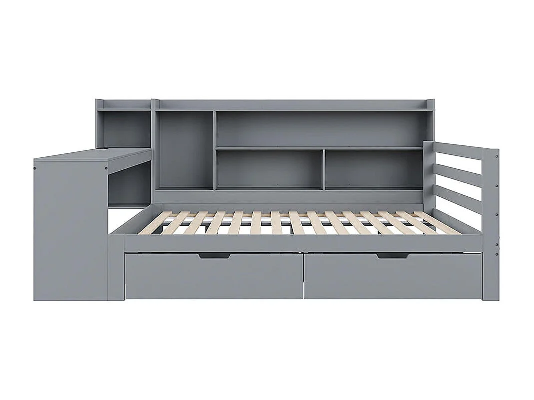 Sofá cama de madera maciza 140*200 cm, con escritorio, librería y estantes, toma de corriente, con 2 grandes compartimentos de almacenamiento, gris
