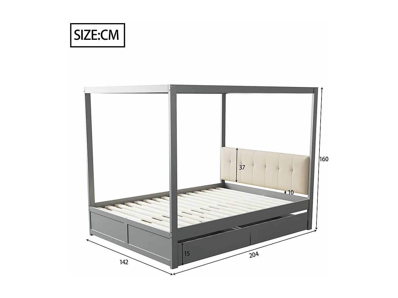 Himmelbett 140*200 cm, mit großen Schubladen und weicher Rückenlehne, graues Holzbett.