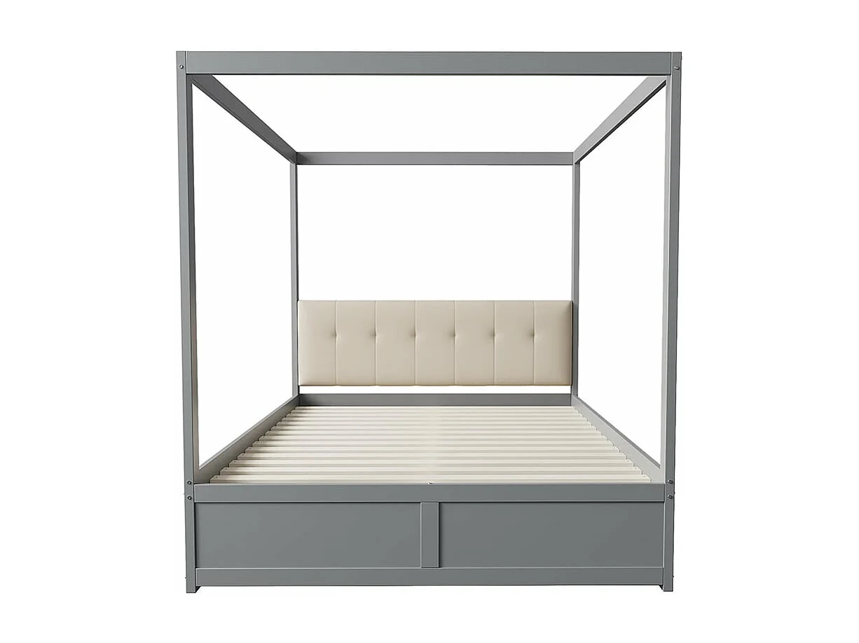 Himmelbett 140*200 cm, mit großen Schubladen und weicher Rückenlehne, graues Holzbett.