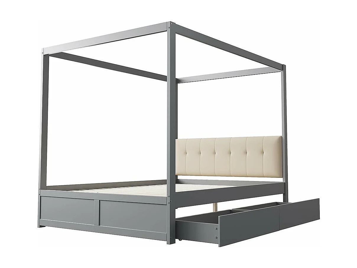 Himmelbett 140*200 cm, mit großen Schubladen und weicher Rückenlehne, graues Holzbett.