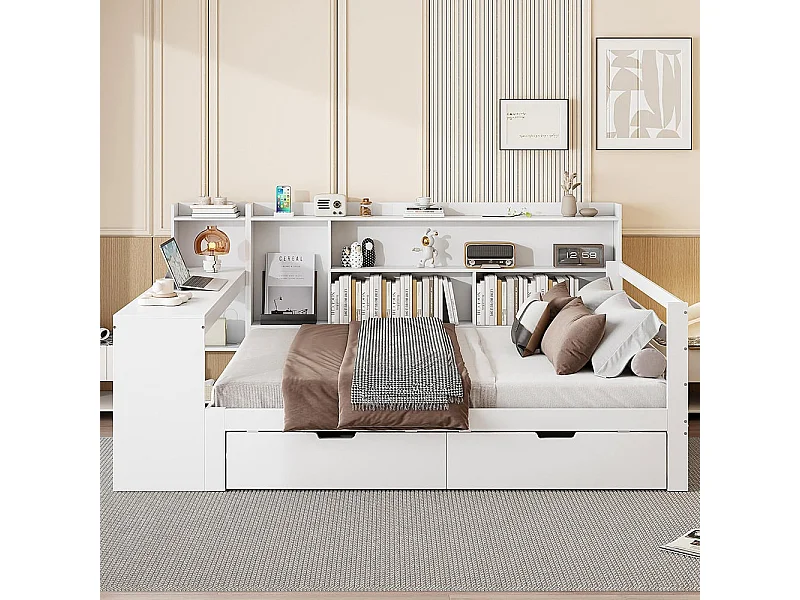 Schlafsofa aus Massivholz 140*200 cm, mit Schreibtisch, Bücherregal und Regalen, Steckdose, mit 2 großen Aufbewahrungsfächern,Weiß