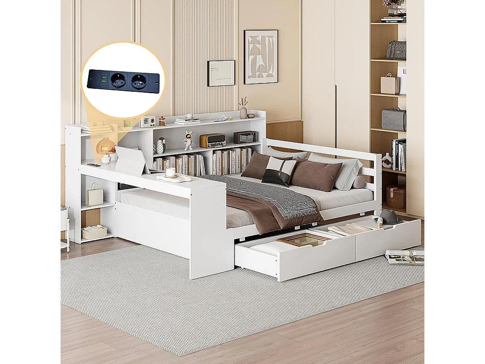 Slaapbank in massief hout 140*200 cm, met bureau, boekenkast en planken, stopcontact, met 2 grote opbergvakken, wit