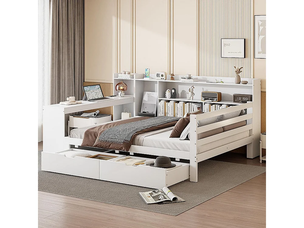 Schlafsofa aus Massivholz 140*200 cm, mit Schreibtisch, Bücherregal und Regalen, Steckdose, mit 2 großen Aufbewahrungsfächern,Weiß