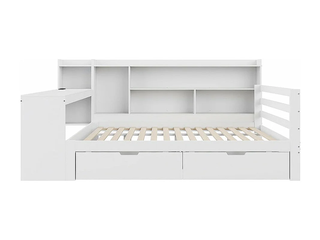 Schlafsofa aus Massivholz 140*200 cm, mit Schreibtisch, Bücherregal und Regalen, Steckdose, mit 2 großen Aufbewahrungsfächern,Weiß