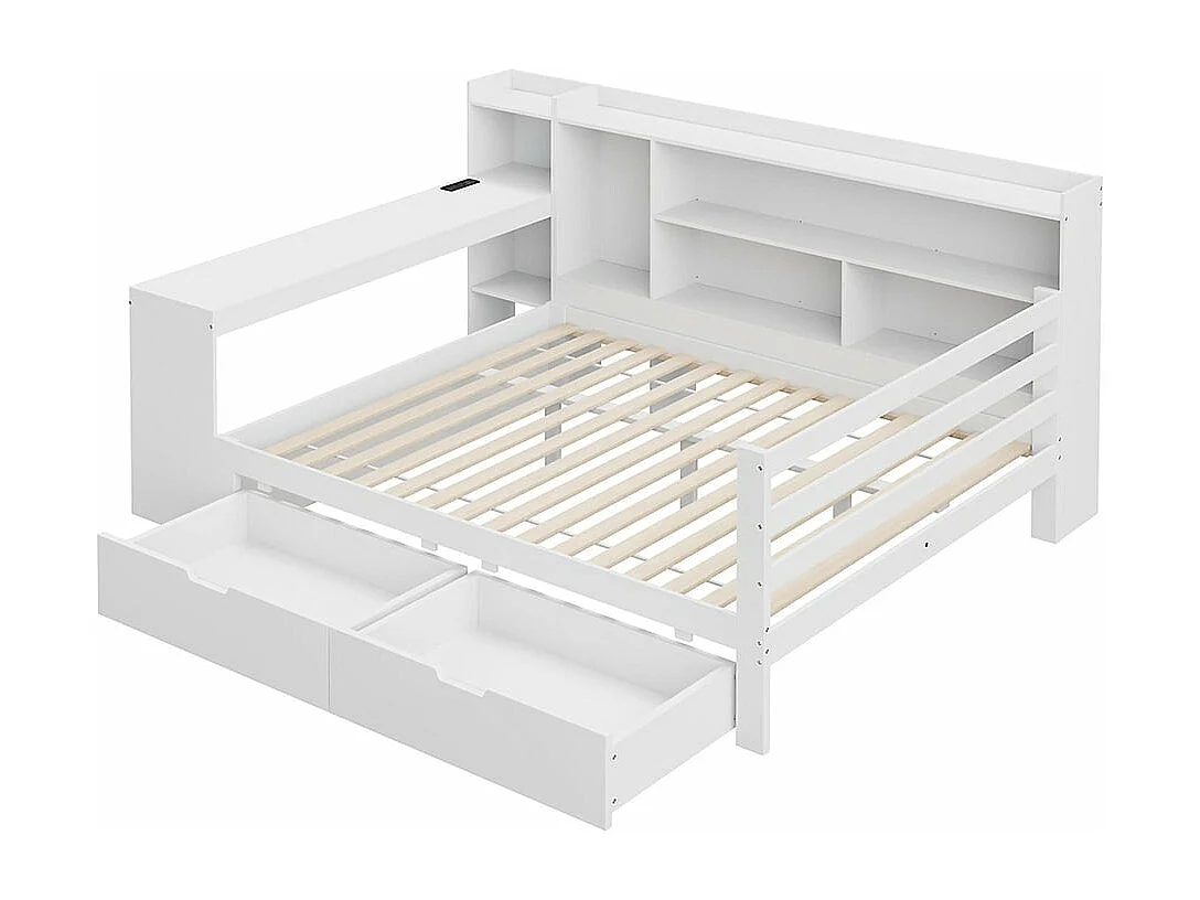 Schlafsofa aus Massivholz 140*200 cm, mit Schreibtisch, Bücherregal und Regalen, Steckdose, mit 2 großen Aufbewahrungsfächern,Weiß