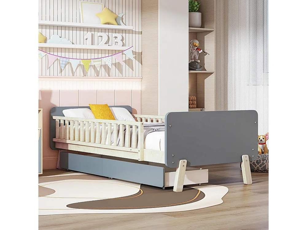 Lit d'enfant 90x190 avec 2 tiroirs, lit simple en bois massif avec sommier à lattes, gris