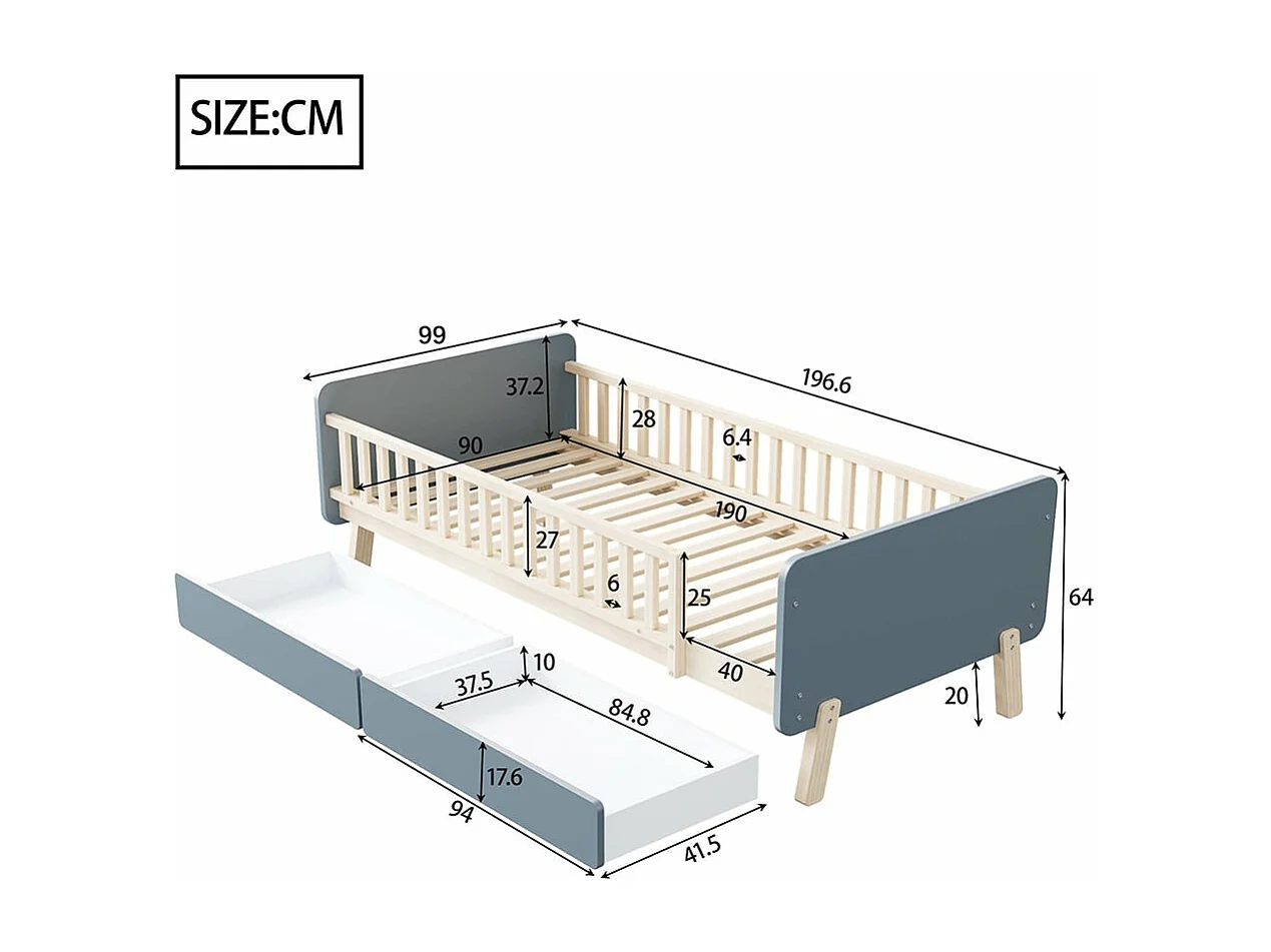 Lit d'enfant 90x190 avec 2 tiroirs, lit simple en bois massif avec sommier à lattes, gris