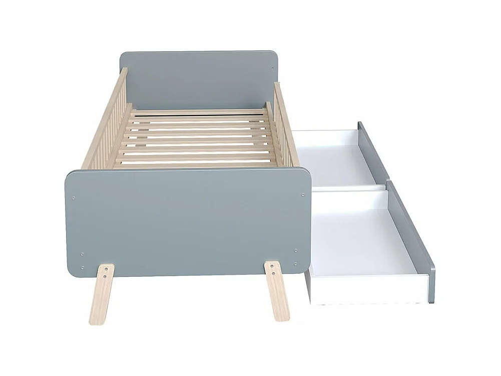 Lit d'enfant 90x190 avec 2 tiroirs, lit simple en bois massif avec sommier à lattes, gris