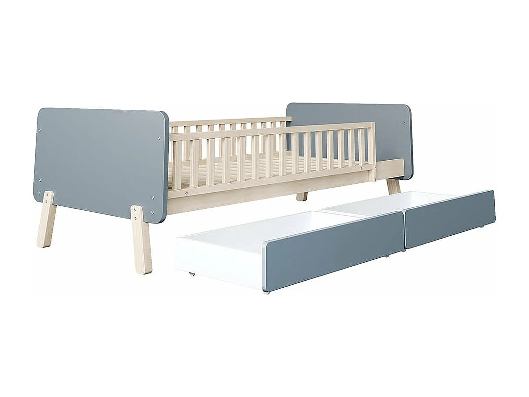 Lit d'enfant 90x190 avec 2 tiroirs, lit simple en bois massif avec sommier à lattes, gris
