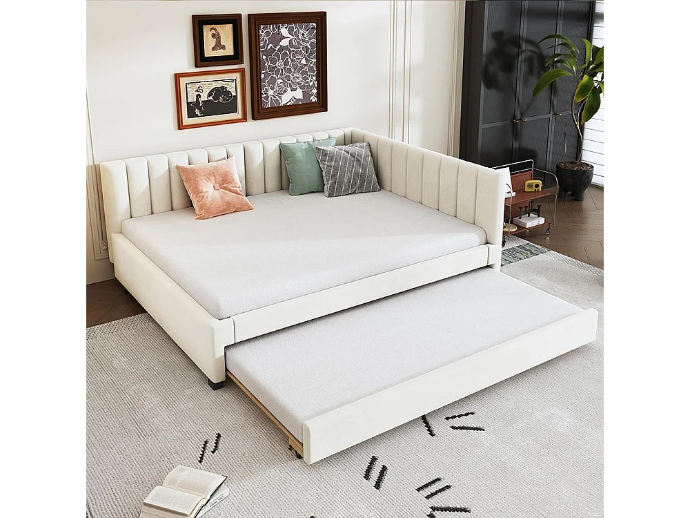 Lit rembourré 140*200, canapé convertible, lit multifonctionnel avec sommier à lattes, tissu velours Beige