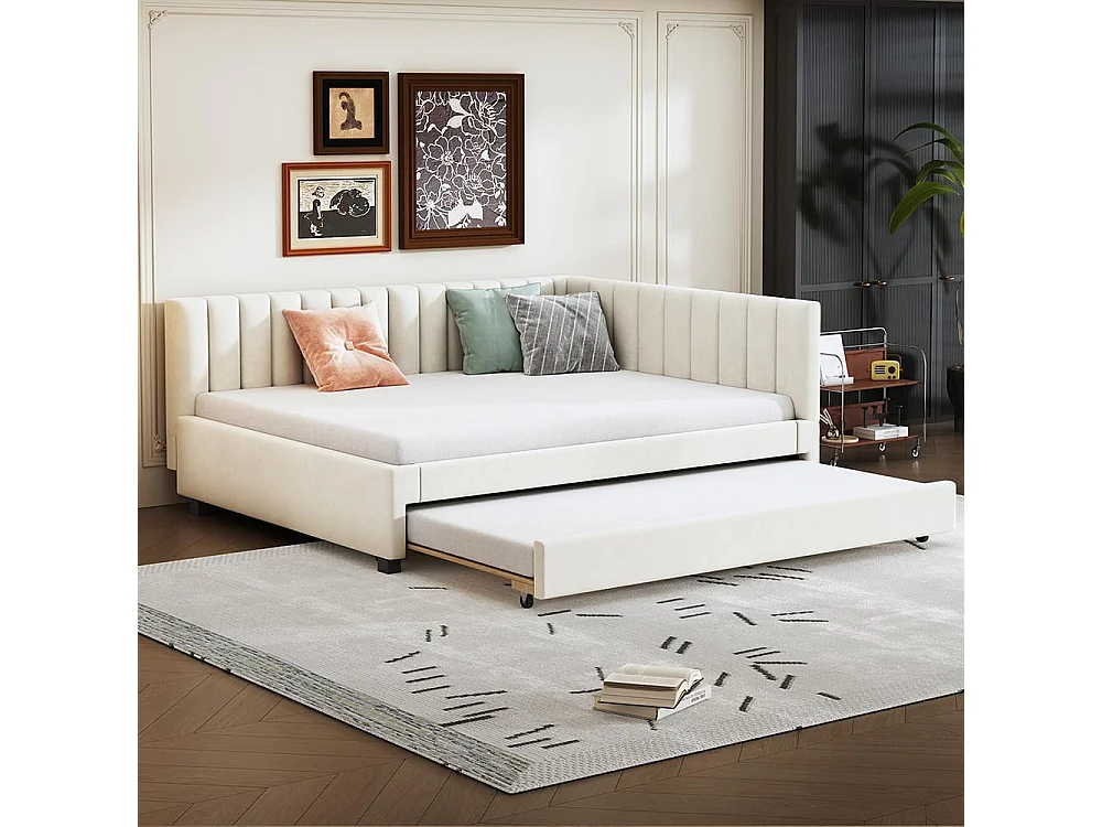 Lit rembourré 140*200, canapé convertible, lit multifonctionnel avec sommier à lattes, tissu velours Beige