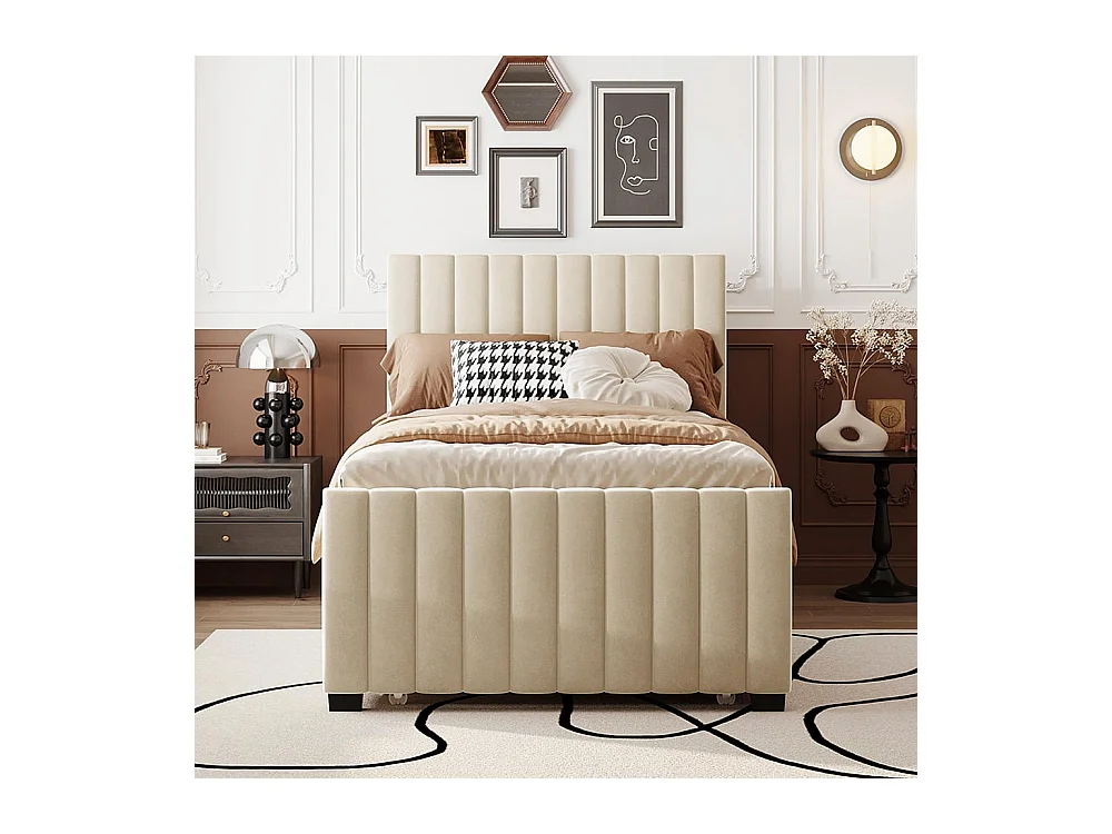 Lit rembourré 90 x 190 cm avec lit escamotable, lit simple plat en velours doux pour la peau Lits d'enfant Lits d'adolescent Lits d'invité, Beige