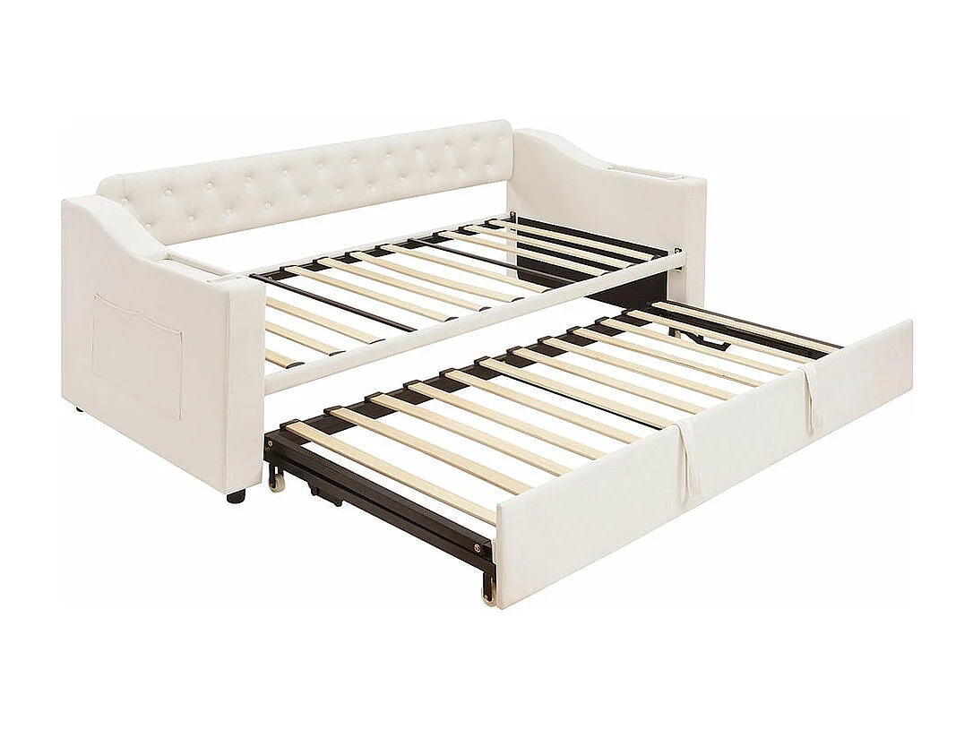 Lit gigogne rembourré, 90/180*190 cm, accoudoirs extra-larges et épais (avec port de charge USB),Beige
