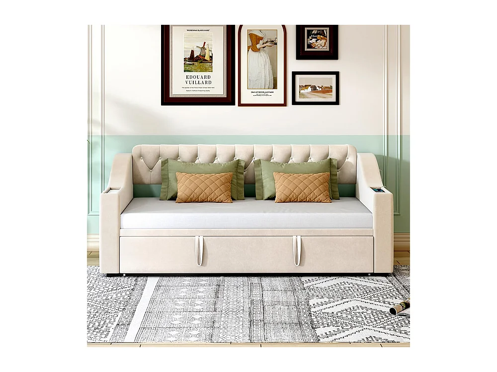 Ausziehbares Polsterbett, 90/180*190 cm, extra breite und dicke Armlehnen (mit USB-Ladeanschluss),Beige