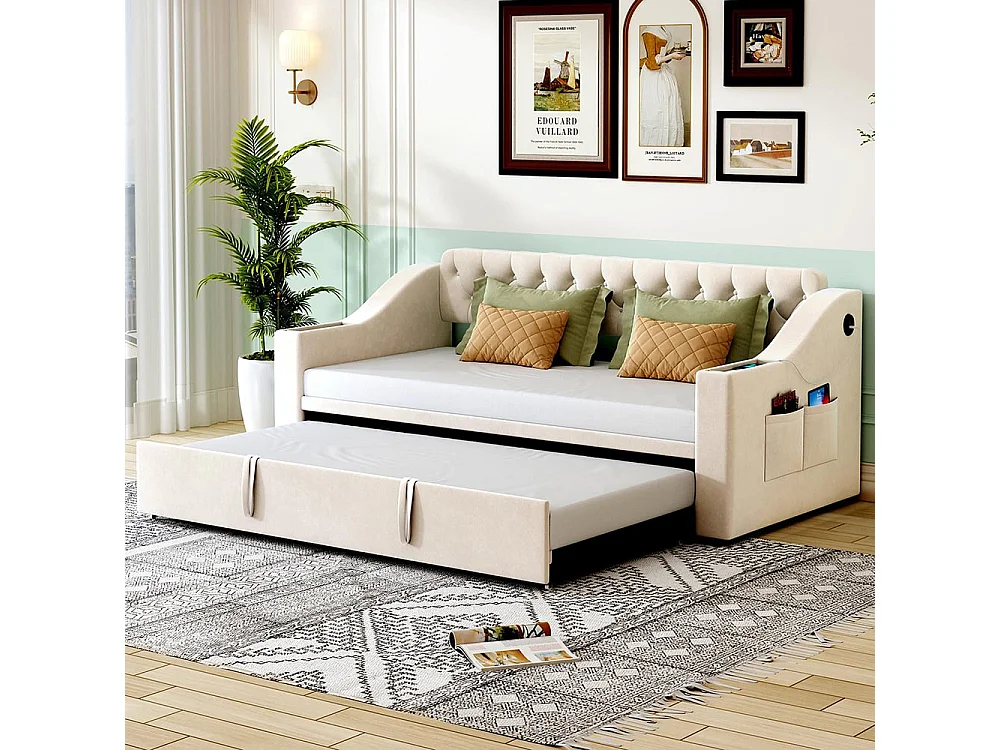 Ausziehbares Polsterbett, 90/180*190 cm, extra breite und dicke Armlehnen (mit USB-Ladeanschluss),Beige