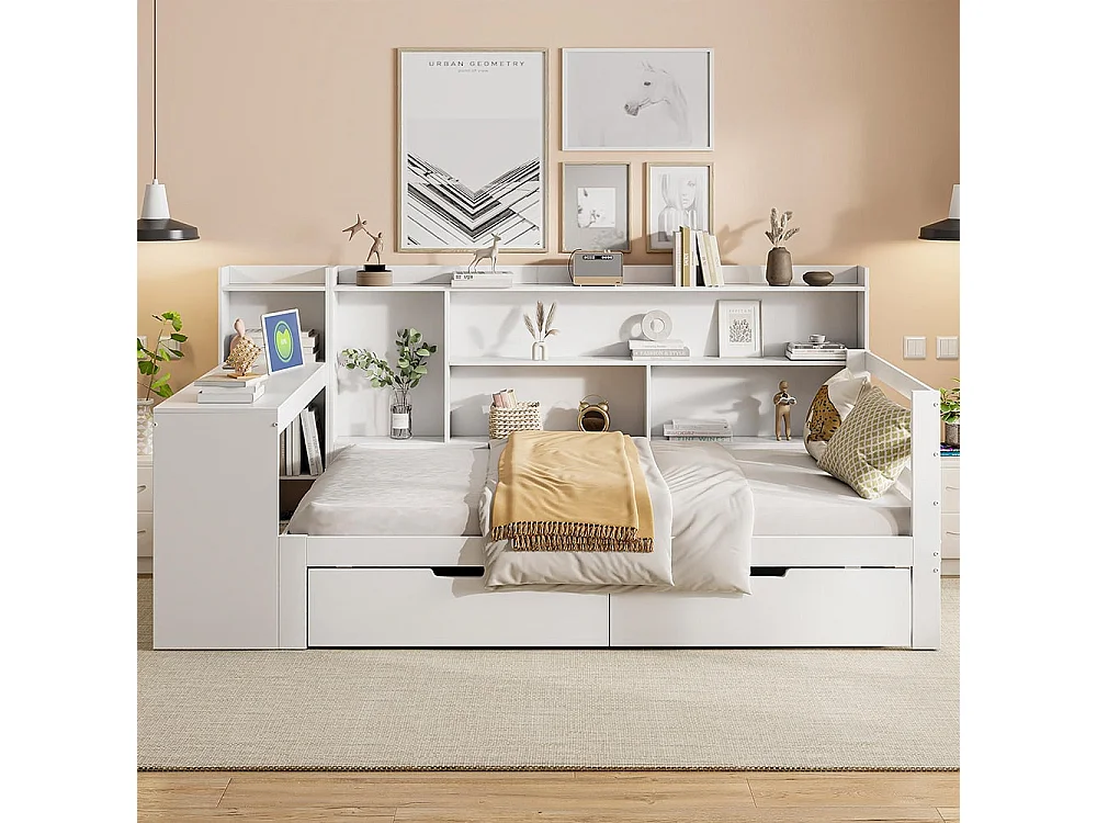 Canapé-lit en bois massif 90*200 cm, avec bureau, bibliothèque et étagères, prise de courant, avec 2 grands compartiments de rangement,Blanc