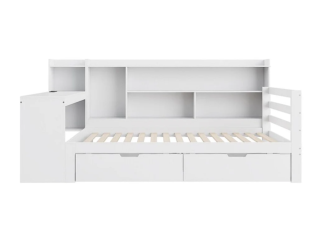 Canapé-lit en bois massif 90*200 cm, avec bureau, bibliothèque et étagères, prise de courant, avec 2 grands compartiments de rangement,Blanc