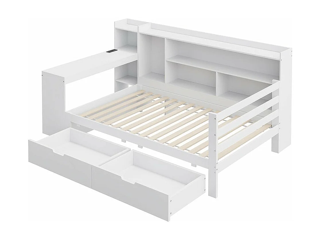 Canapé-lit en bois massif 90*200 cm, avec bureau, bibliothèque et étagères, prise de courant, avec 2 grands compartiments de rangement,Blanc
