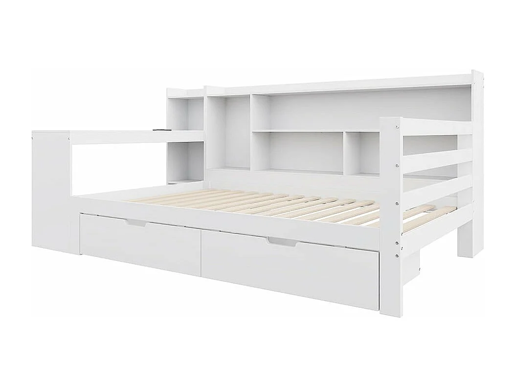 Canapé-lit en bois massif 90*200 cm, avec bureau, bibliothèque et étagères, prise de courant, avec 2 grands compartiments de rangement,Blanc