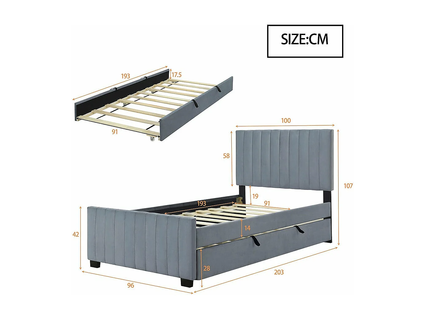 Lit rembourré 90 x 190 cm avec lit escamotable, lit simple plat en velours doux pour la peau Lits d'enfant Lits d'adolescent Lits d'invité (gris)