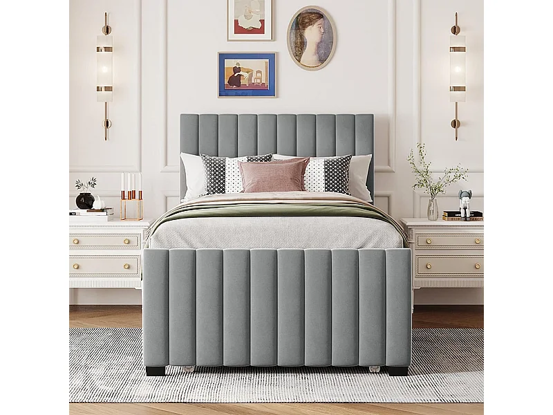 Lit rembourré 90 x 190 cm avec lit escamotable, lit simple plat en velours doux pour la peau Lits d'enfant Lits d'adolescent Lits d'invité (gris)