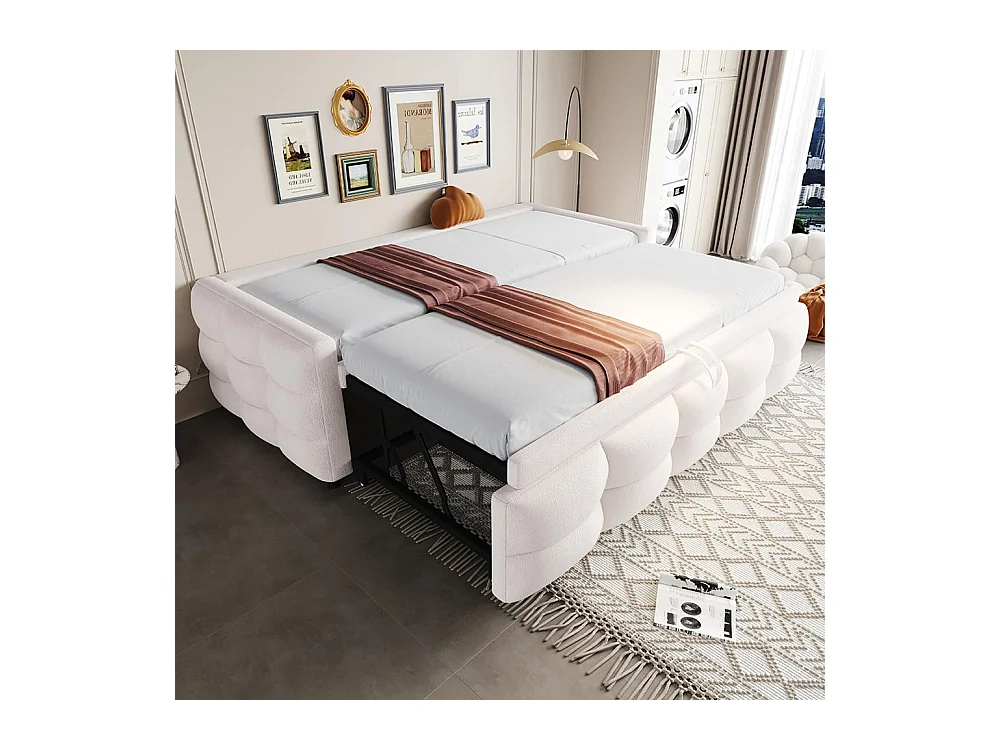 Gestoffeerd bed, uitschuifbare slaapbank, 90/180*190 cm, futonbed, fluwelen teddystof, tweepersoonsbed met lattenbodem, multifunctioneel bed,Beige