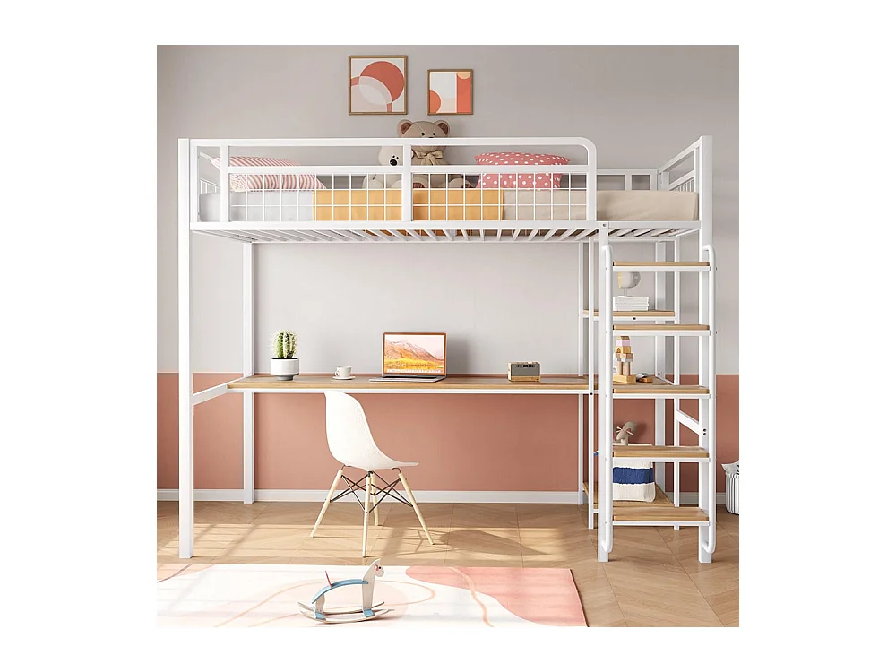 Lit mezzanine en métal, 90*200 cm, échelle de sécurité avec marches, lit simple avec table et étagère, barrière de sécurité en métal, blanc