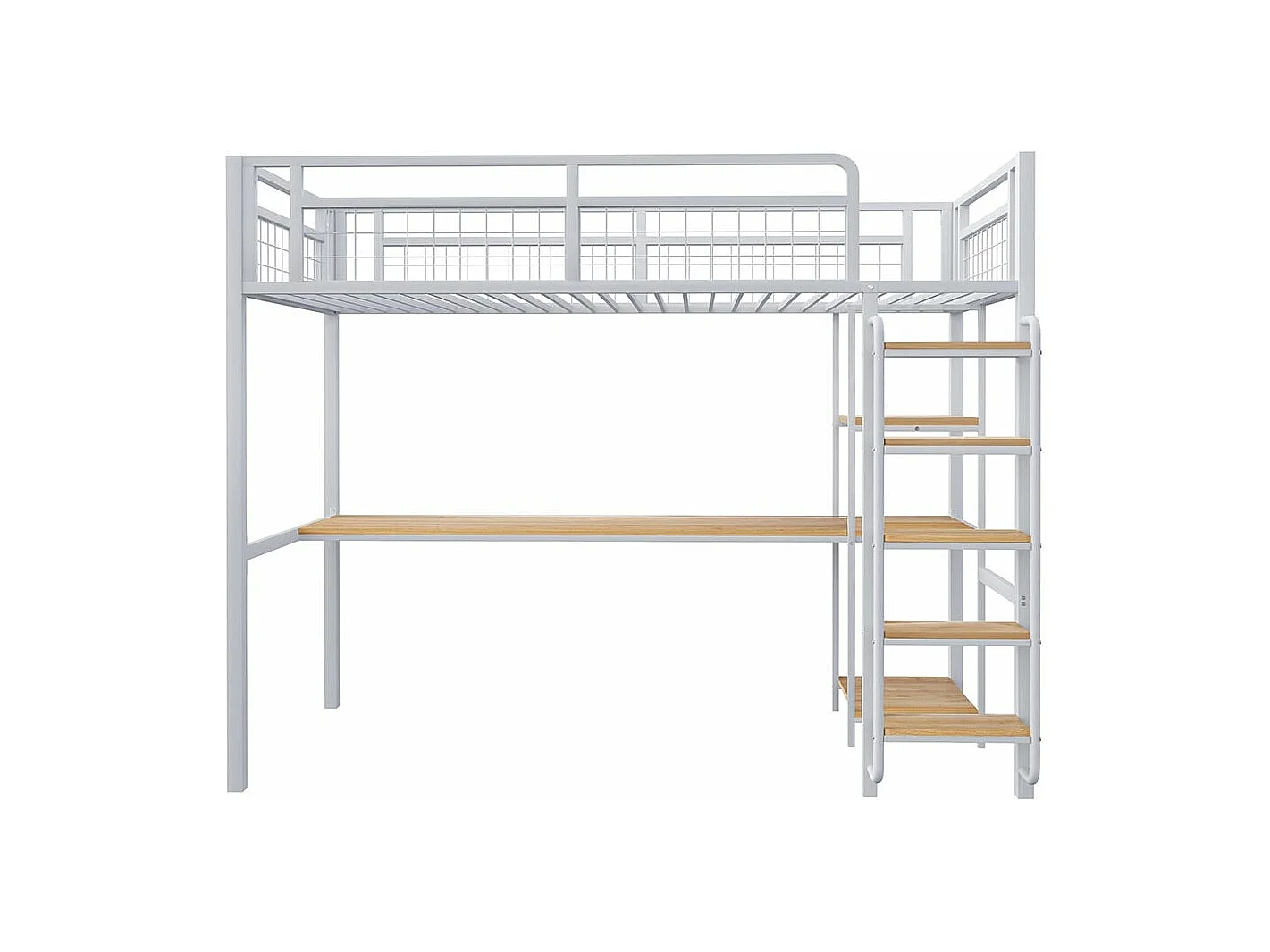 Metall-Hochbett 90*200 cm, Sicherheitsleiter mit Stufen, Einzelbett mit Tisch und Regalen, Metall-Sicherheitsgitter, weiß