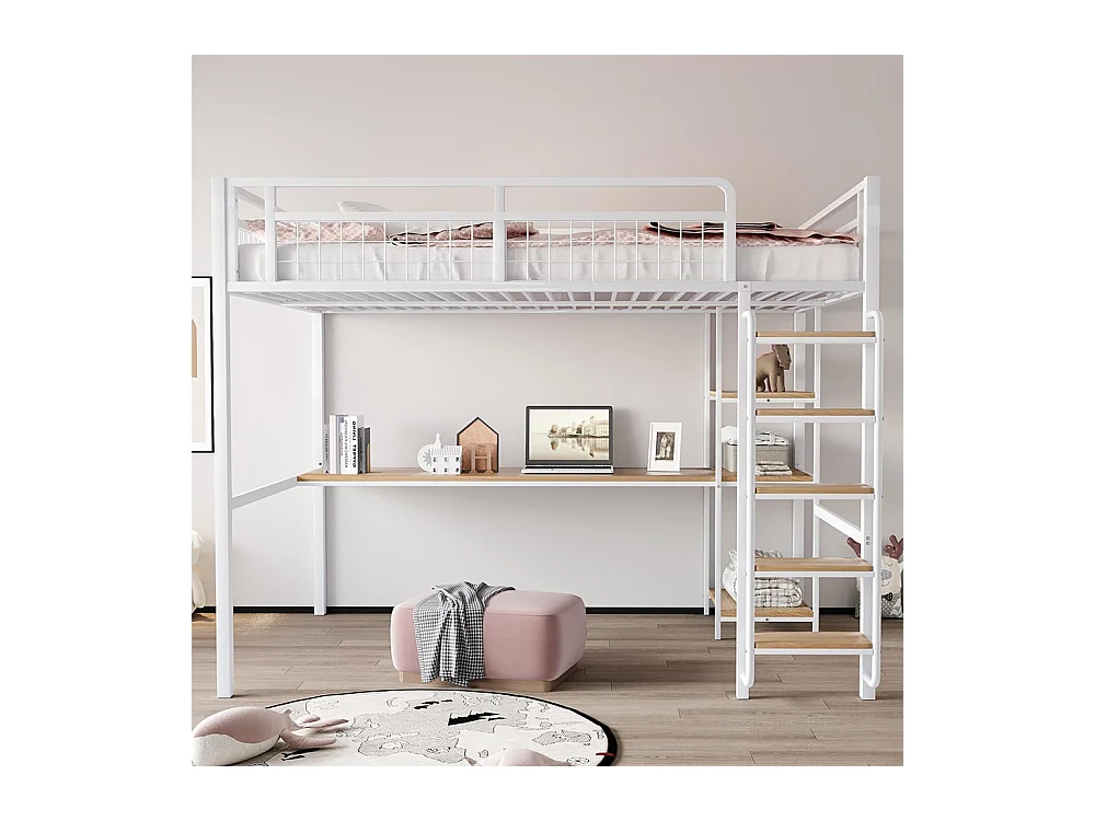 Lit mezzanine en métal 140*200 cm, échelle de sécurité avec escalier, lit pour enfant avec table et étagères, barrière de sécurité en métal, blanc