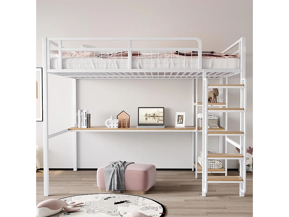 Cama alta metálica 140*200 cm, escada de segurança com degraus, cama de criança com mesa e prateleiras, grade de segurança metálica, branco
